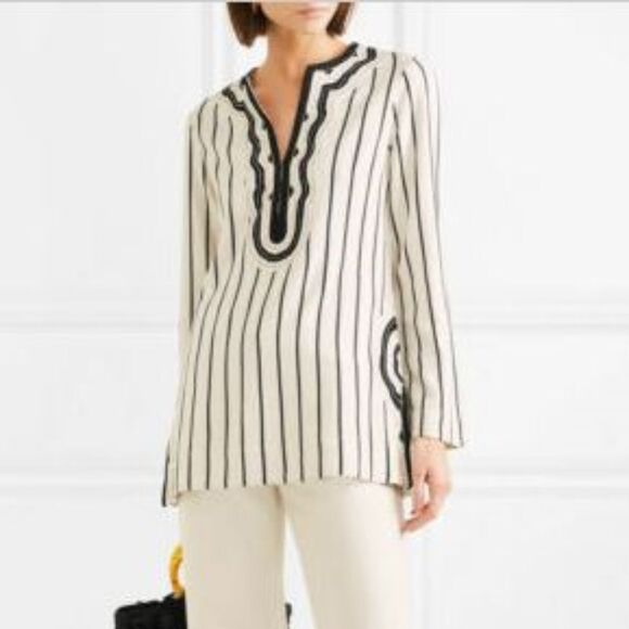 Tory Burch Striped Ivory/Black Stripe Filipa Embroidered Trim Tunic/Top - Picture 1 of 8
